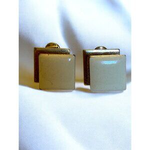 Monet Square Clip-On Earrings Gold-Tone & White Enamel Vintage Jewelry